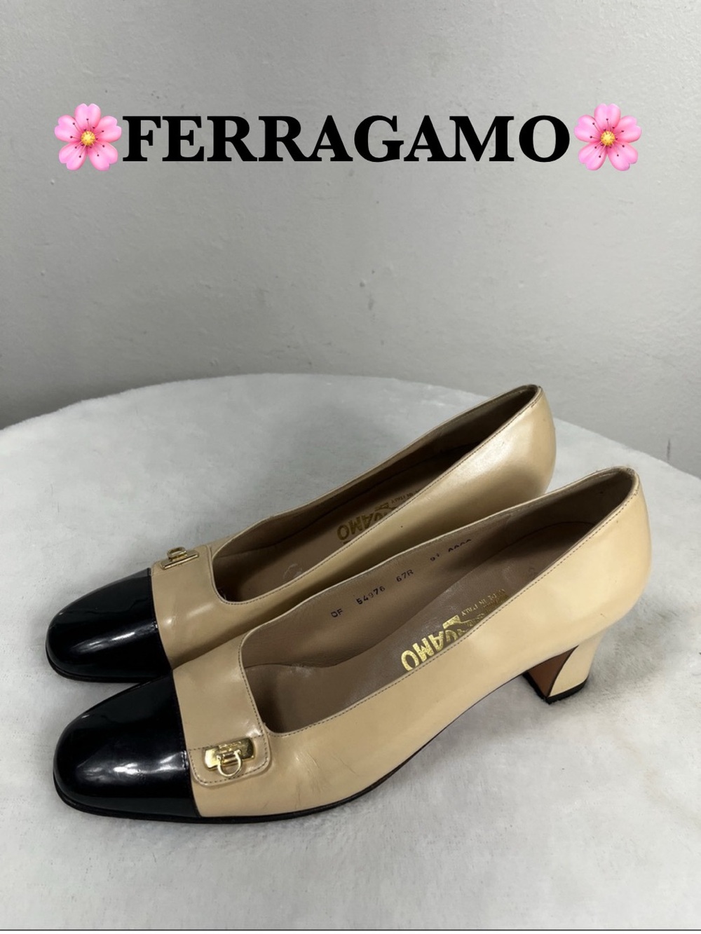 Salvatore Ferragamo Cream Leather Pumps with Black Cap Toe